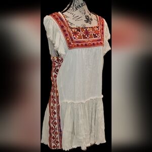 Free People  Hippie style embroidered day glow white sand mini dress with open b